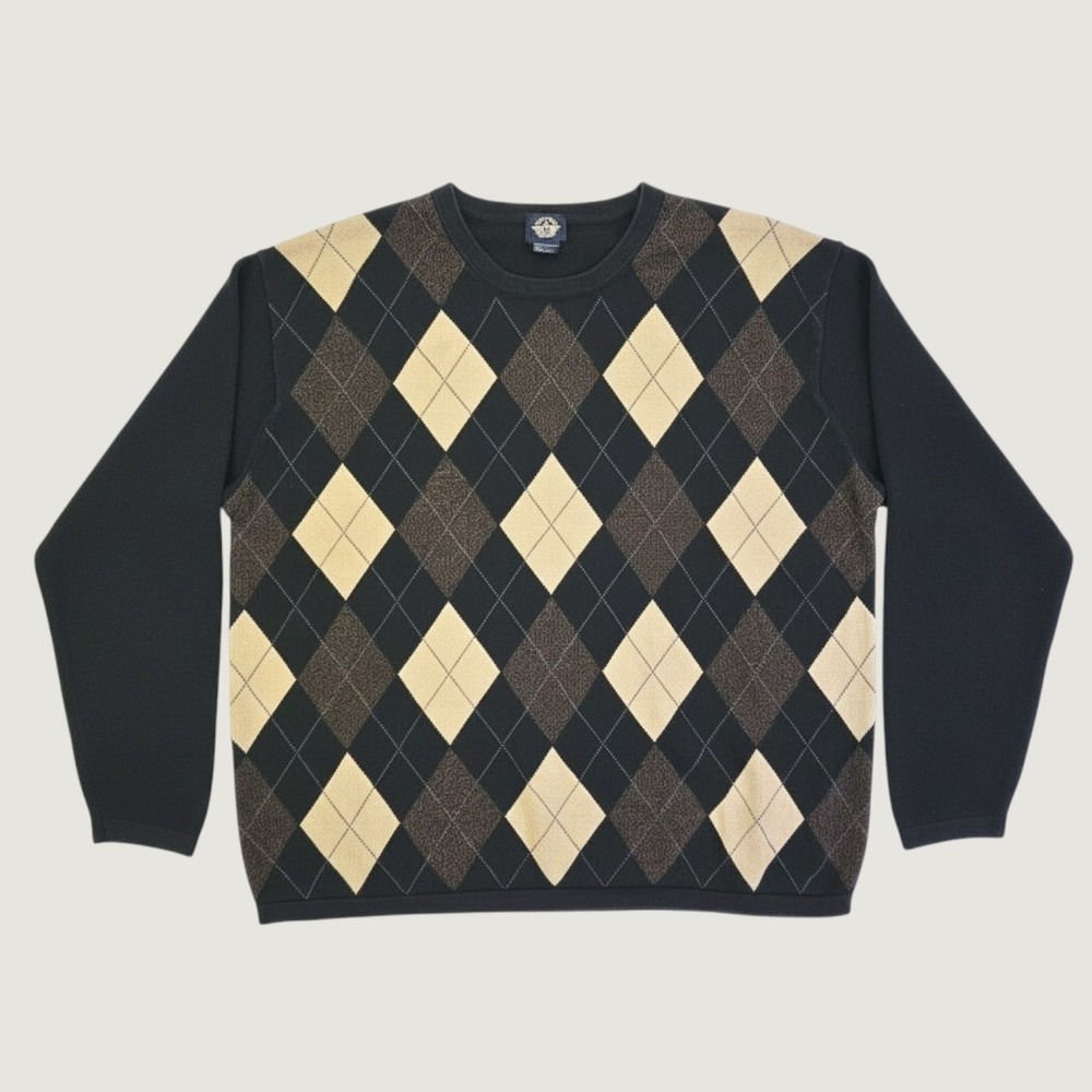 Dockers Mens XL Argyle Crewneck Sweater Black Tan Brown 100% Cotton Pullover